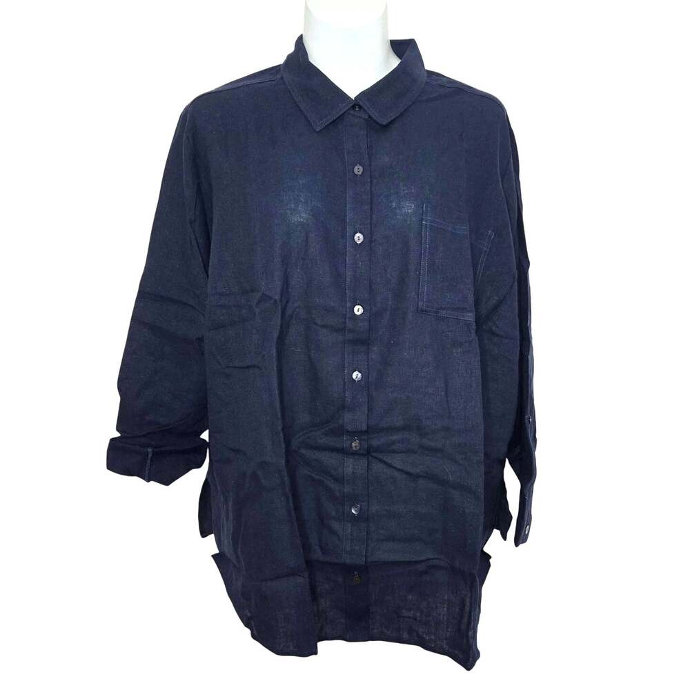 Susan Graver Regular Pure Linen Blend Button Front Shirt Size 2XP NWT Navy Solid